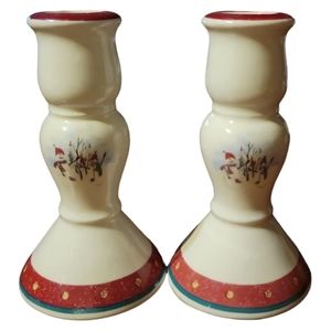 2 Vtg Royal Seasons Candlestick Holders Christmas Snowman Porcelain